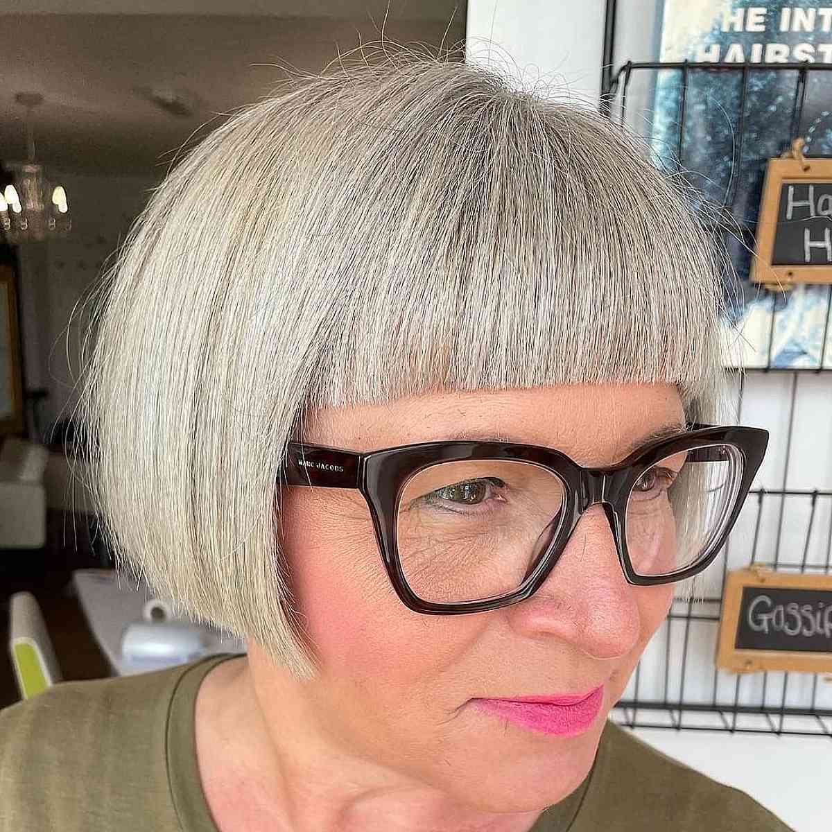 salt and pepper french bob with straight across bangs for ladies over with glasses