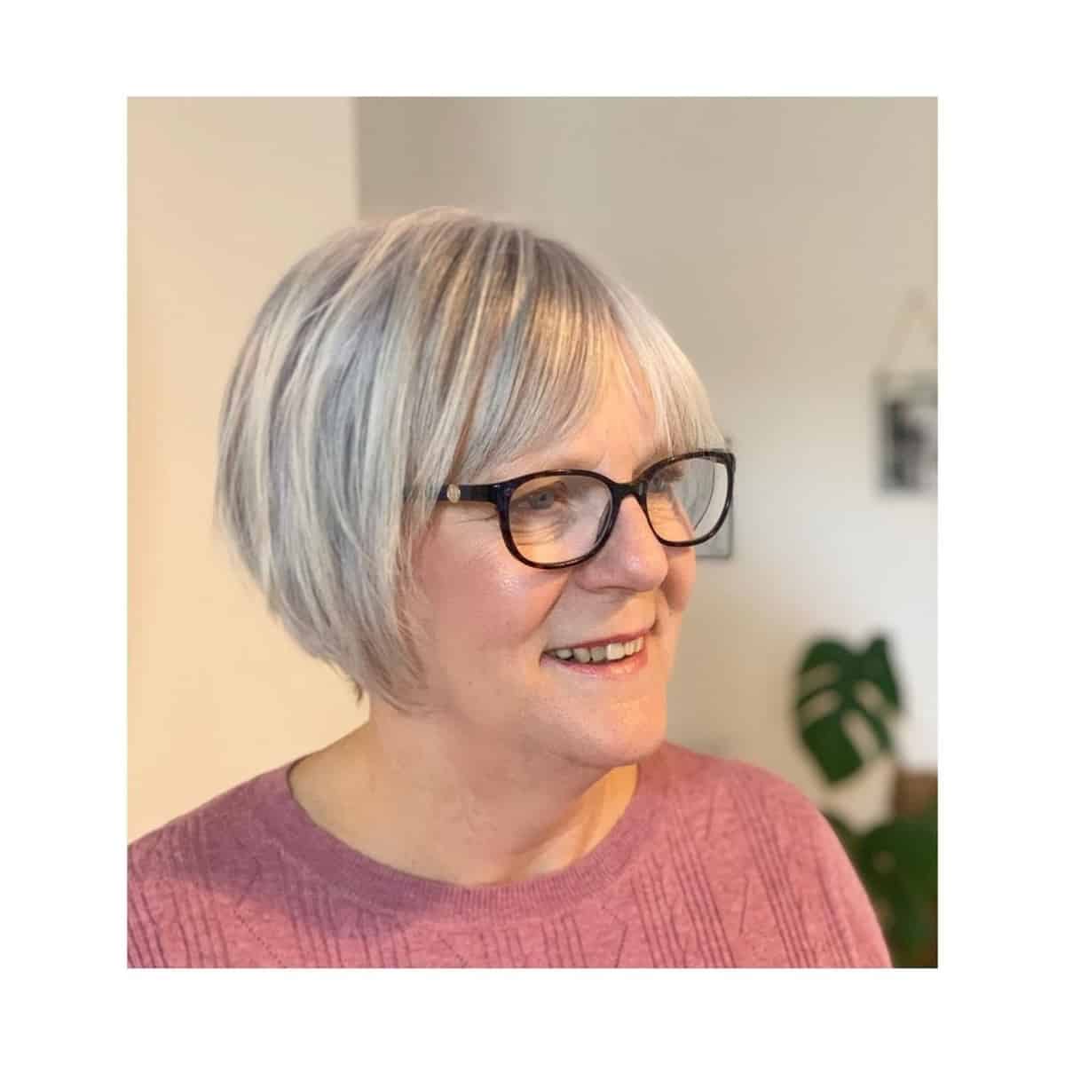 short cut for grey hair and glasses