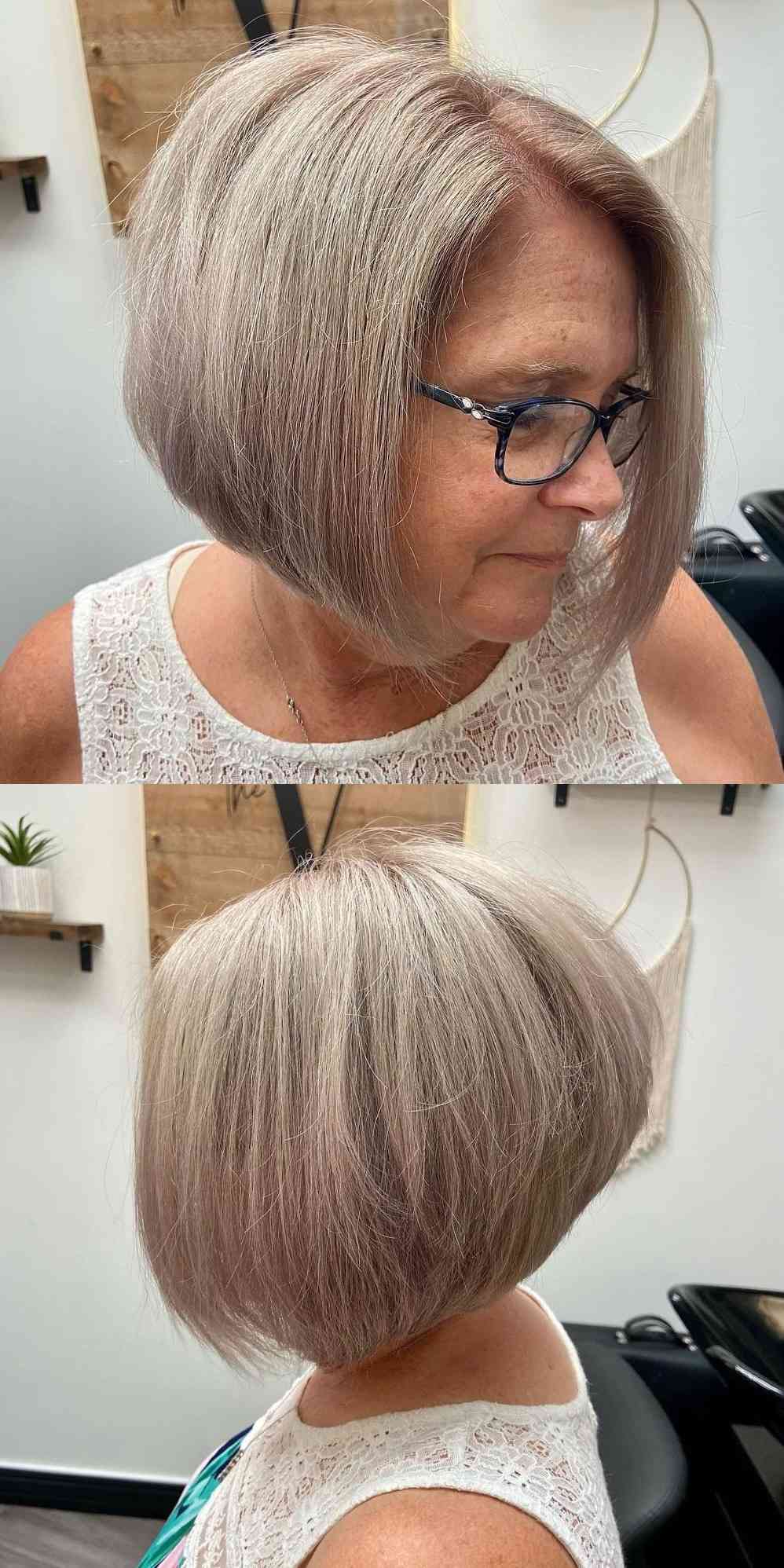short stacked bob for women over with glasses