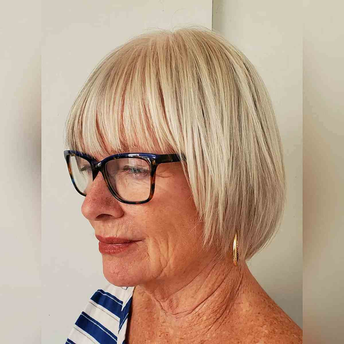 textured bob with bangs for women over with glasses