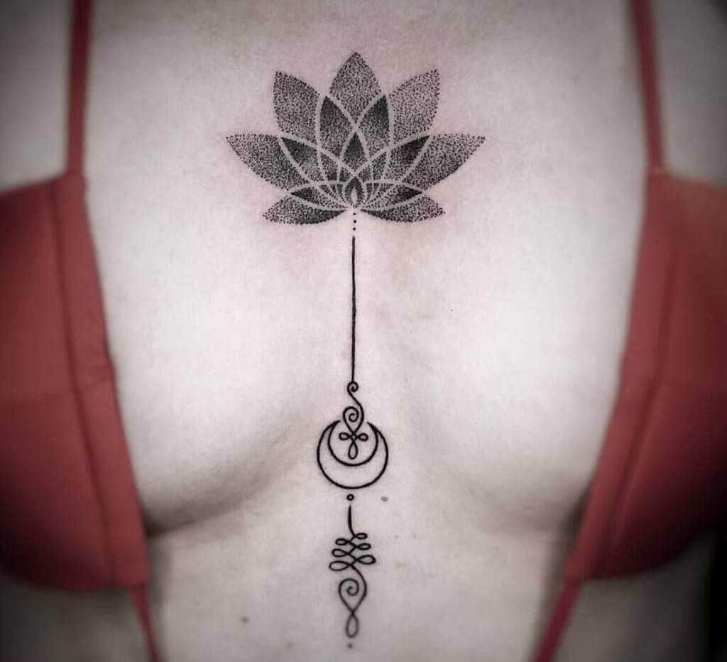 Lotus Tattoo Design Between Breasts