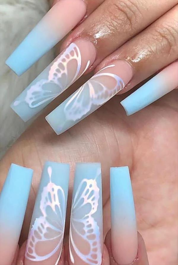 Butterfly coffin nails designs painted in two fingers