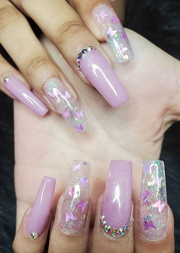 Butterfly coffin nails designs with broken diamonds and fine flashes