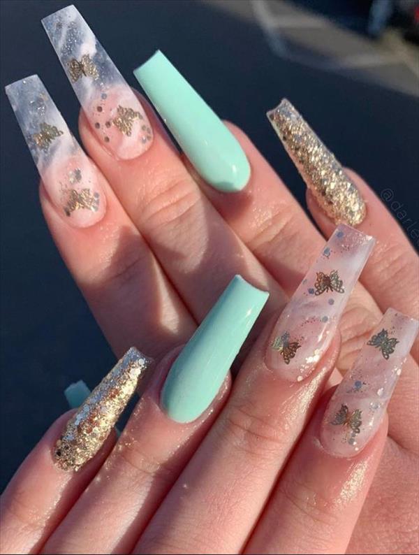 Butterfly coffin nails designs with glittering butterflies