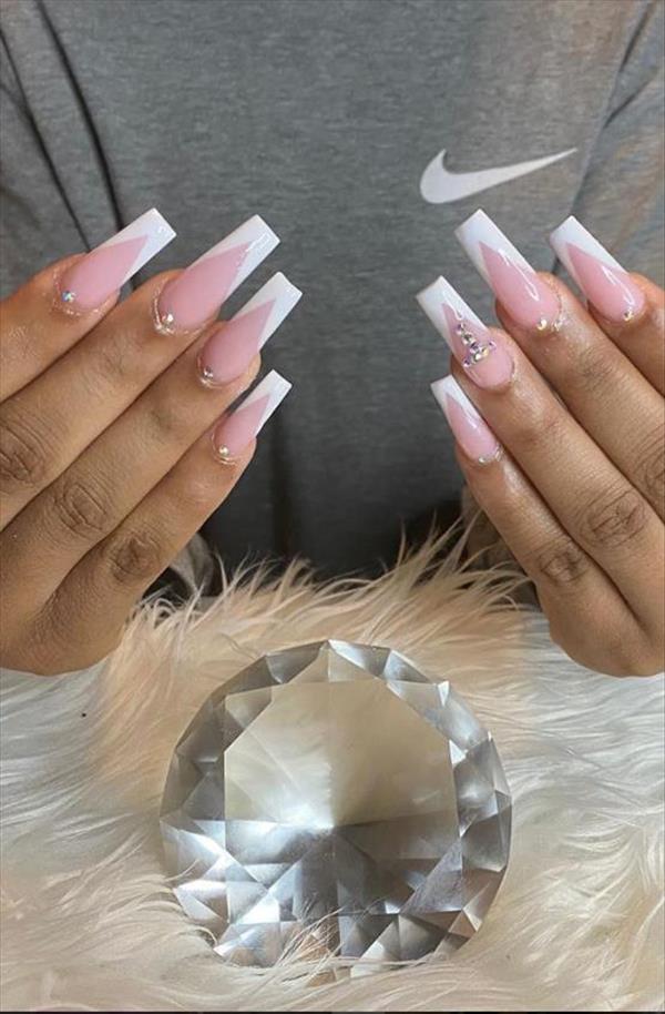 French pink coffin nails with broken diamonds