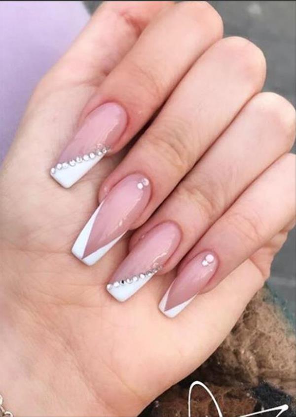 French pink coffin nails with broken diamonds