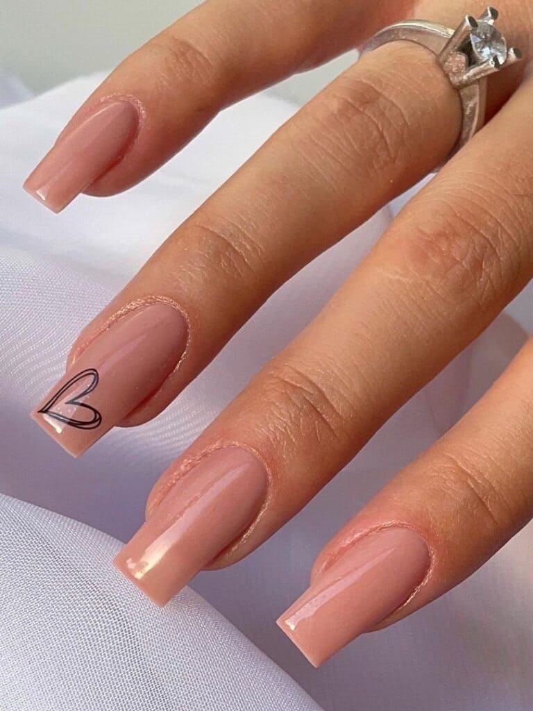 Tan Nude Square Nails With Heart Accent