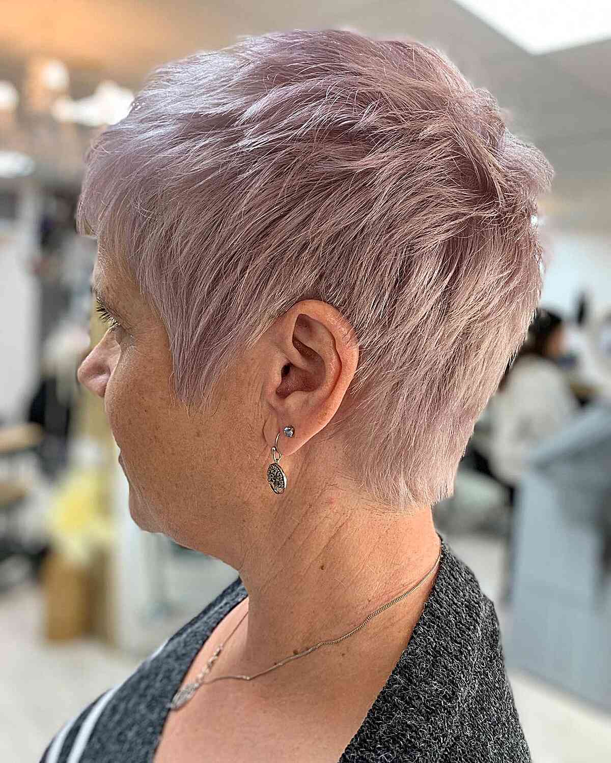 lilac short hair with choppy layers for older women over sixty