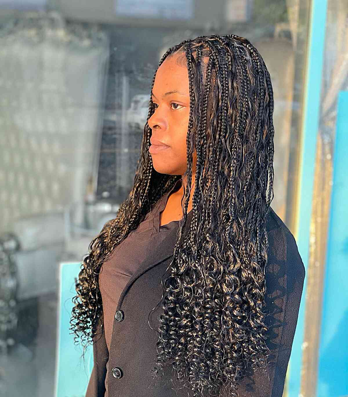 long length boho knotless box braids with waves and spirals