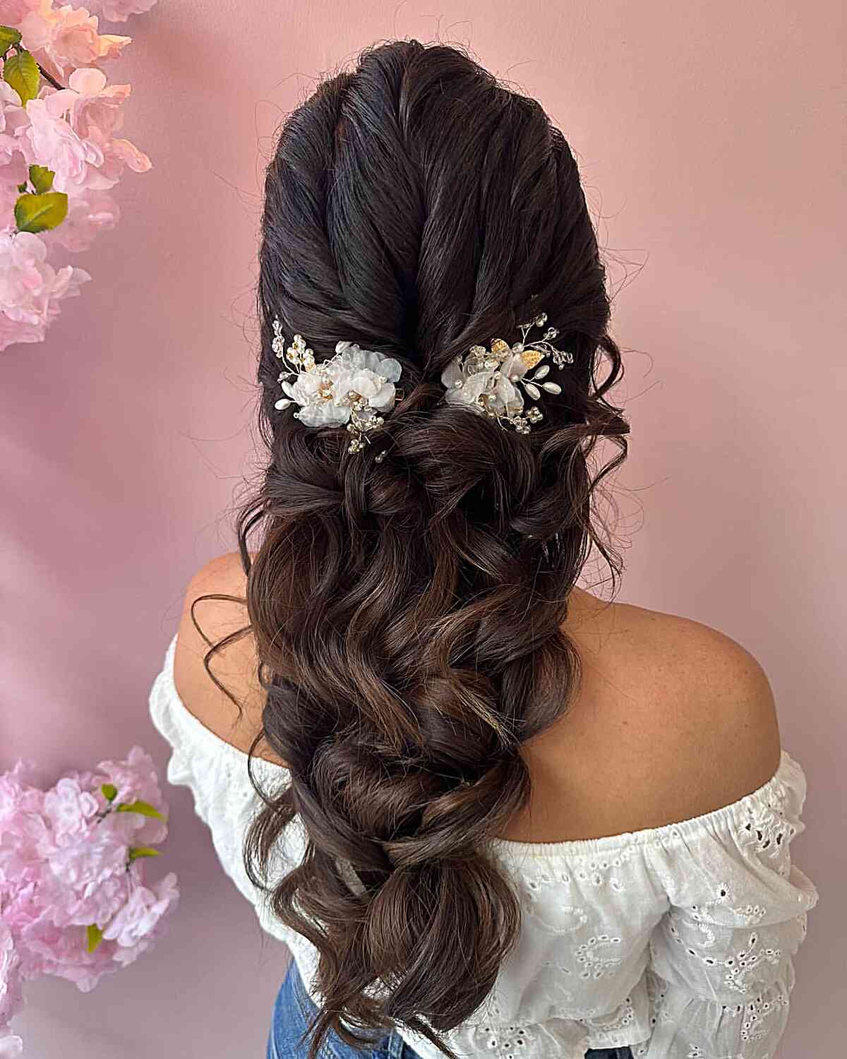 mermaid braid with elegant flower clips for wedding goers
