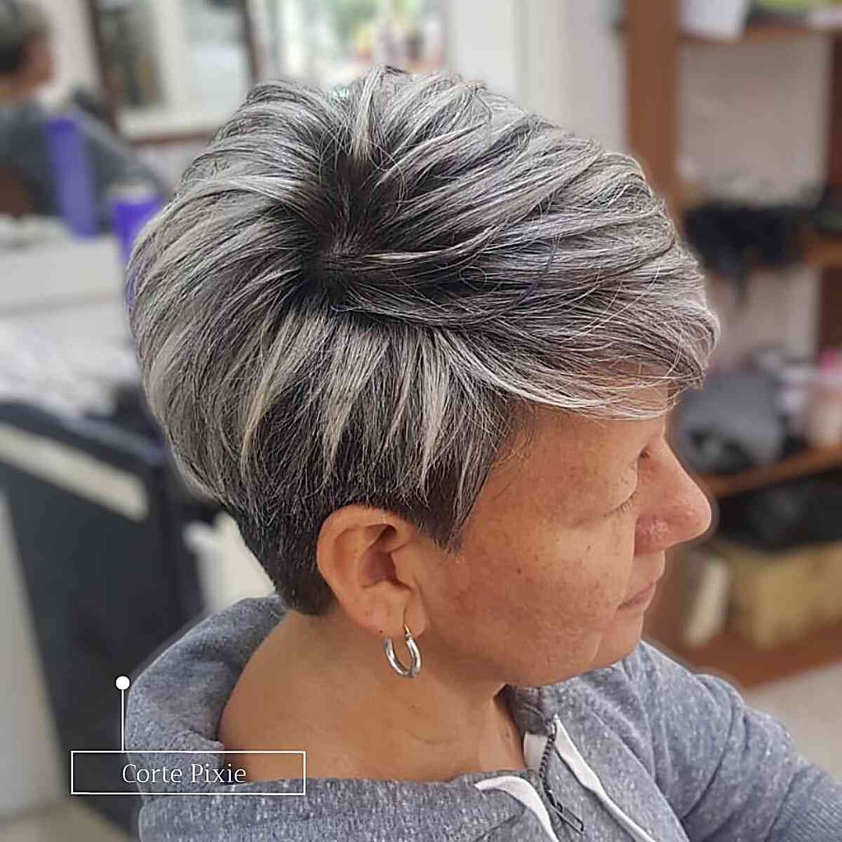 salt and pepper pixie with choppy layers for women over years old