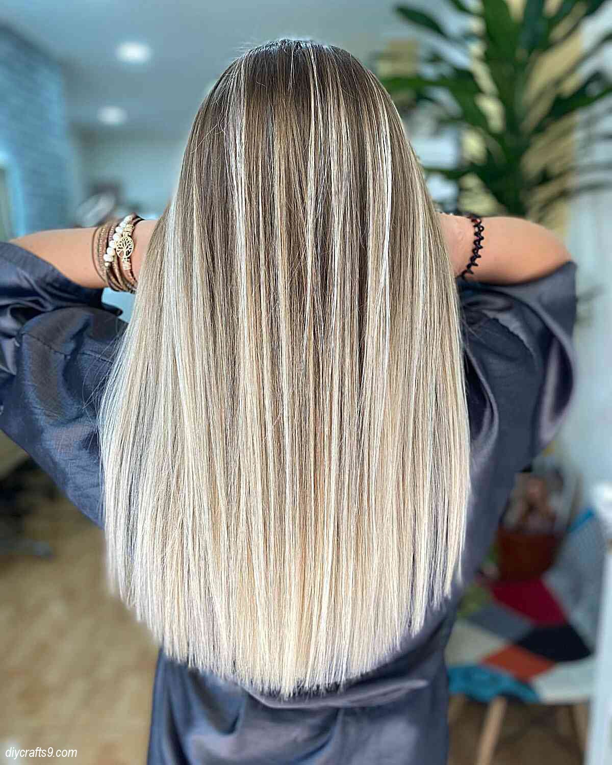 long straight brunette to pearl blonde balayage ombre hair