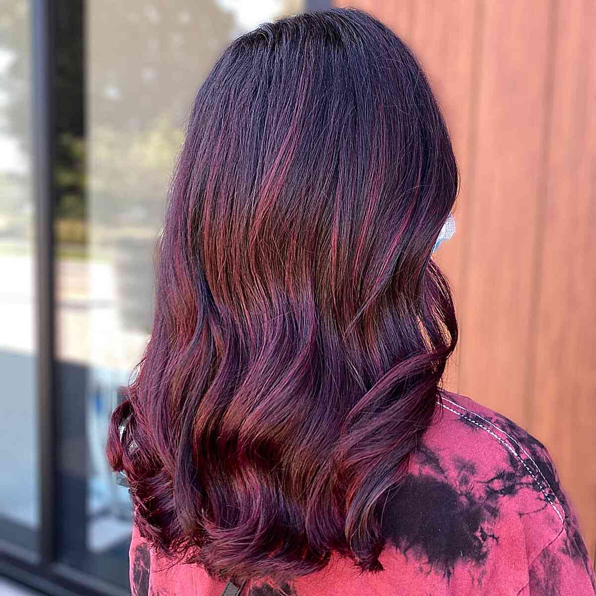burgundy berry balayage on mid length hair