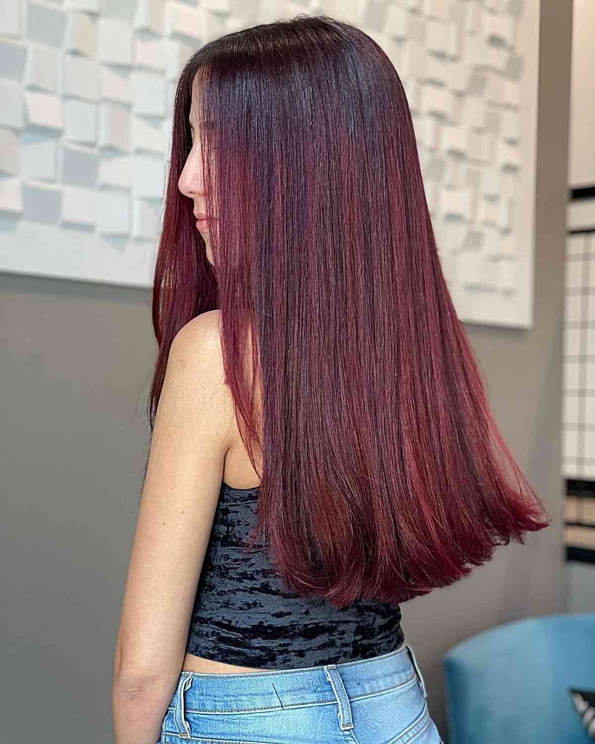 straight creamy burgundy balayage hair