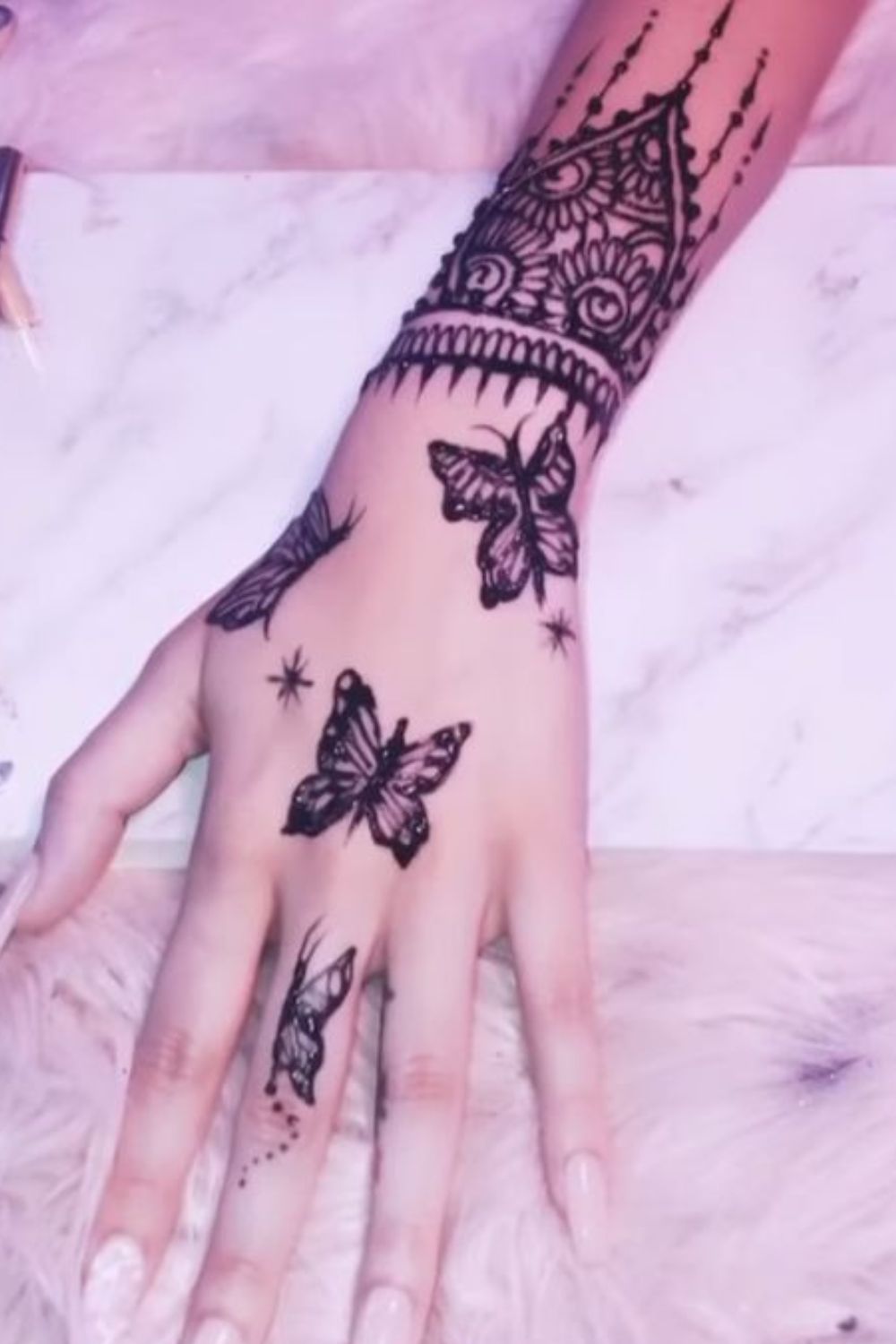 Lacework Butterfly Hand Tattoo