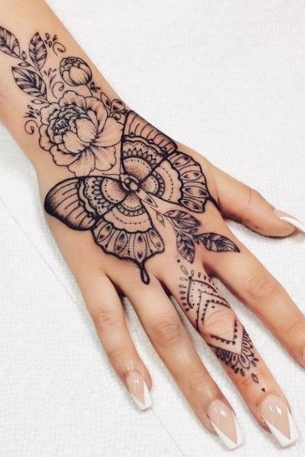 Mandala Butterfly Hand Tattoo